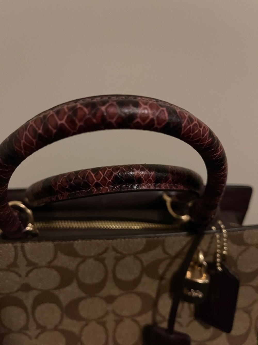 Coach Brown Signature Canvas Tote with Burgundy Leather Trim - Picture 4 of 16